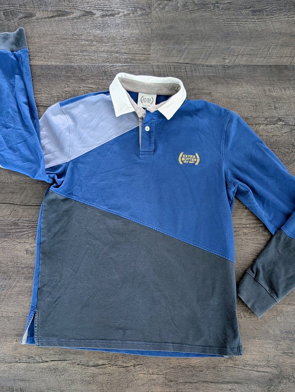 Extra Butter Collared Long Sleeve Polo Rugby Shirt Patchwork Men's Medium Blue